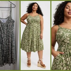 torrid Olive Green Floral Midi Dress with Cream Print